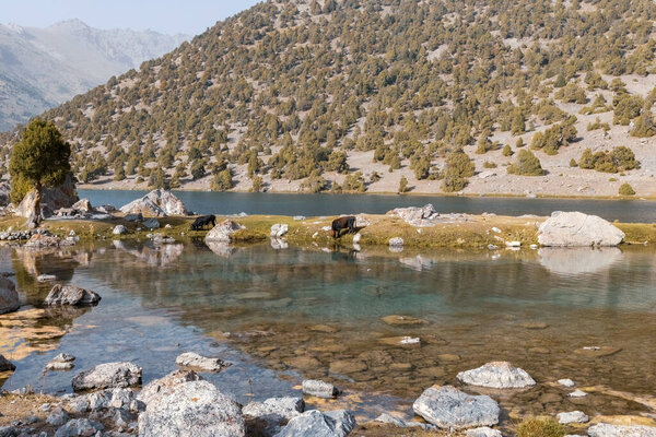 Lake and mountains scenery in Fann Mountains Pamir Alay Tajikistan