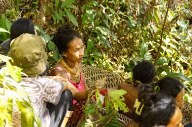 SIBERUT, INDONEZYA - 5 Kasım 2025: Siberut Adası Batı Sumatra Endonezya 'daki ormanda Mentawai kadınları