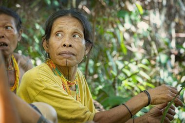 SIBERUT, INDONEZYA - 5 Kasım 2025: Siberut Adası Batı Sumatra Endonezya 'daki ormanda Mentawai kadınları