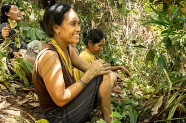 SIBERUT, INDONEZYA - 5 Kasım 2025: Siberut Adası Batı Sumatra Endonezya 'daki ormanda Mentawai kadınları