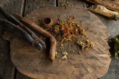 Mentawai geleneksel ilaç ve zehir malzemeleri Batı Sumatra Endonezya köyünde hazırlanıyor.