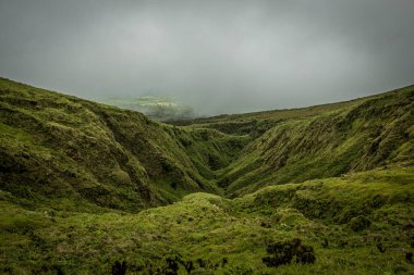 Yeşil çimenli sisli tepeler ve Sao Jorge Adası, Azores, Portekiz 