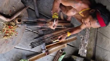 SIBERUT, INDONEZYA - 15 Kasım 2025: Geleneksel giysi ve vücut dekorasyonlarıyla Mentawai şamanı zehri Siberut Adası 'ndaki Sibirya Sumatra Endonezya' daki evinde avlanmak için hazırlıyor.