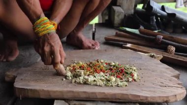 SIBERUT, INDONEZYA - 15 Kasım 2025: Geleneksel giysi ve vücut dekorasyonlarıyla Mentawai şamanı zehri Siberut Adası 'ndaki Sibirya Sumatra Endonezya' daki evinde avlanmak için hazırlıyor.