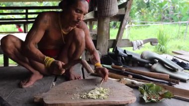 SIBERUT, INDONEZYA - 15 Kasım 2025: Geleneksel giysi ve vücut dekorasyonlarıyla Mentawai şamanı zehri Siberut Adası 'ndaki Sibirya Sumatra Endonezya' daki evinde avlanmak için hazırlıyor.