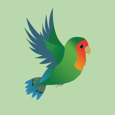 Uçan yeşil şeftali yüzlü aşk kuşu. Arkaplan açık yeşil.