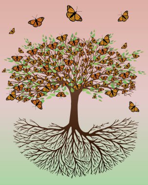 A tree of life with orange Monarch butterflies sitting on the branches and flying around the tree. The background is a green orange gradient clipart