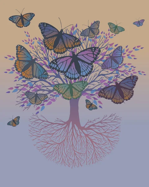 Arbre Vie Avec Des Papillons Assis Sur Les Branches Volant — Image vectorielle