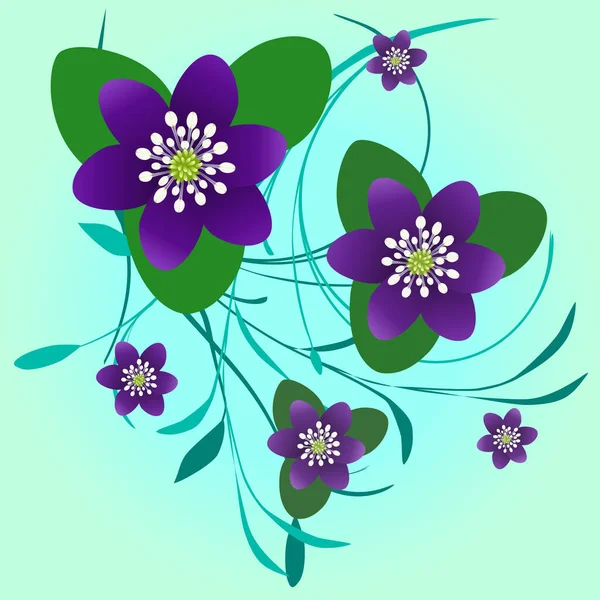 Bouquet Purple Flowers Leafs Light Green Blue Gradient Background — Stock Vector