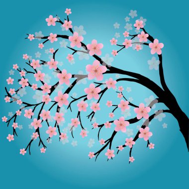 Pembe çiçekli bir dal. Kiraz çiçeğine ya da sakura 'ya dayanıyor. Arka plan turkuaz bir gradyan..