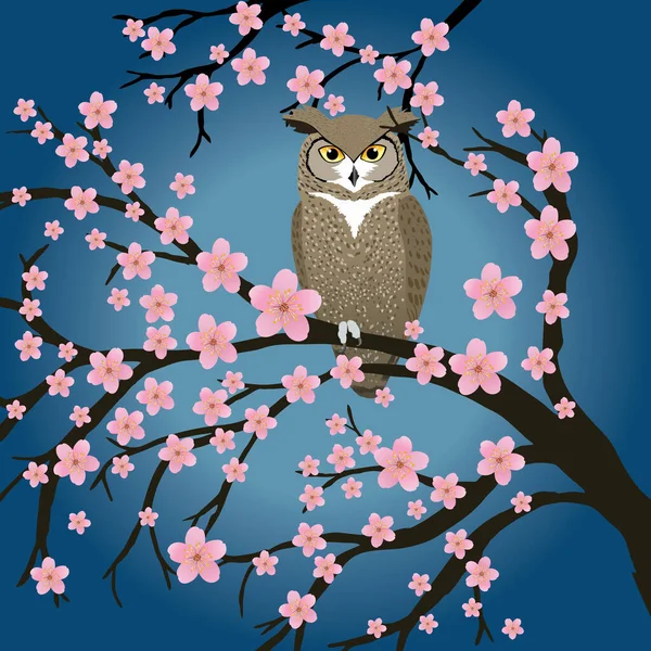 Great Horned Owl Cherry Blossom Tree Background Blue Gradient Lighter — Stock Vector