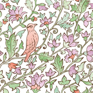 İran 'ın doğu botanik süslemeleri. Çiçekler, yapraklar ve güzel kuş renkli vektör çizimleri.