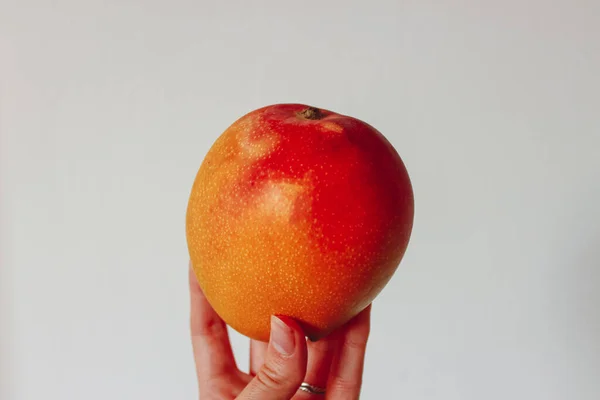 Ripe Mango Hand White Background — Stock Photo, Image