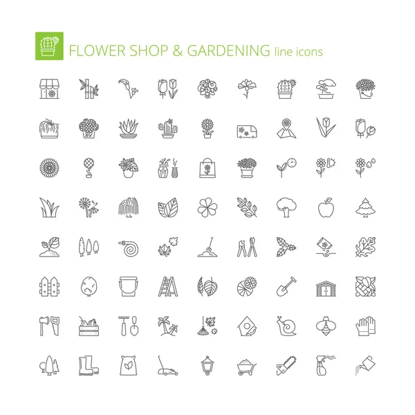 Zeilensymbole. Blumenladen und Gartenarbeit — Stockvektor