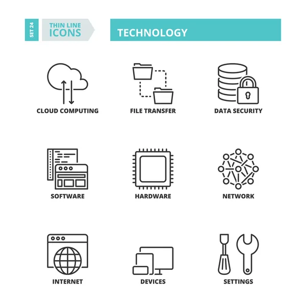 Icone a righe sottili. Tecnologia — Vettoriale Stock