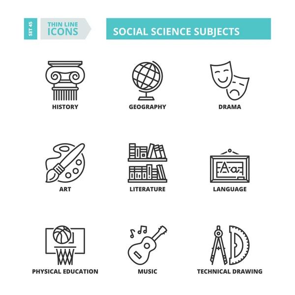 Iconos de línea delgada. Materias de ciencias sociales — Vector de stock