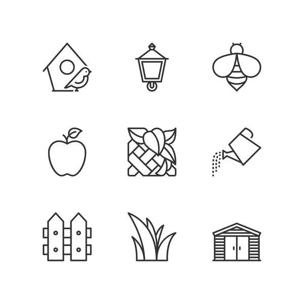De pictogrammen van de lijn. In de tuin. Platte symbolen — Stockvector