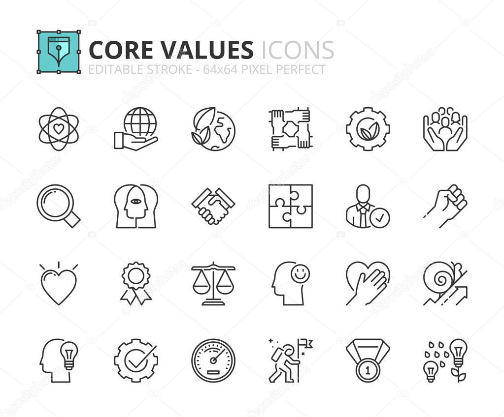 Outline icons about core values. Business concepts. Contains such icons as personal, interaction, external and business-oriented values. Editable stroke Vector 64x64 pixel perfect