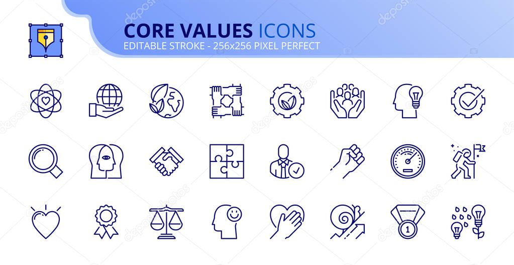 Outline icons about core values. Business concepts. Contains such icons as personal, interaction, external and business-oriented values. Editable stroke Vector 256x256 pixel perfect