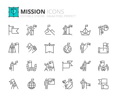 Outline icons about mission. Business concepts. Contains such icons as businessman with flag, achievement and goal. Editable stroke Vector 64x64 pixel perfect clipart