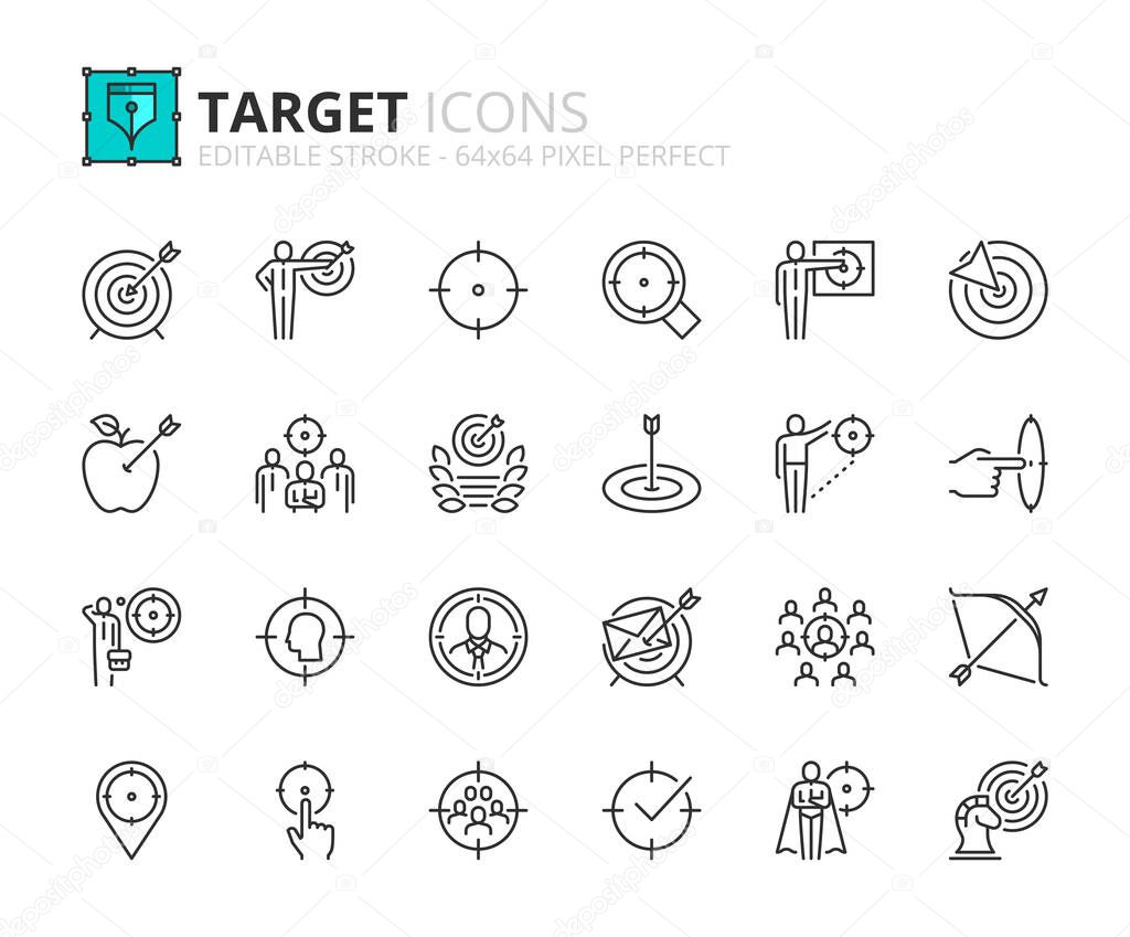 Outline icons about target. Business concepts. Contains such icons as businessman with dart, marketing, goal, targeting strategy and audience. Editable stroke Vector 64x64 pixel perfect