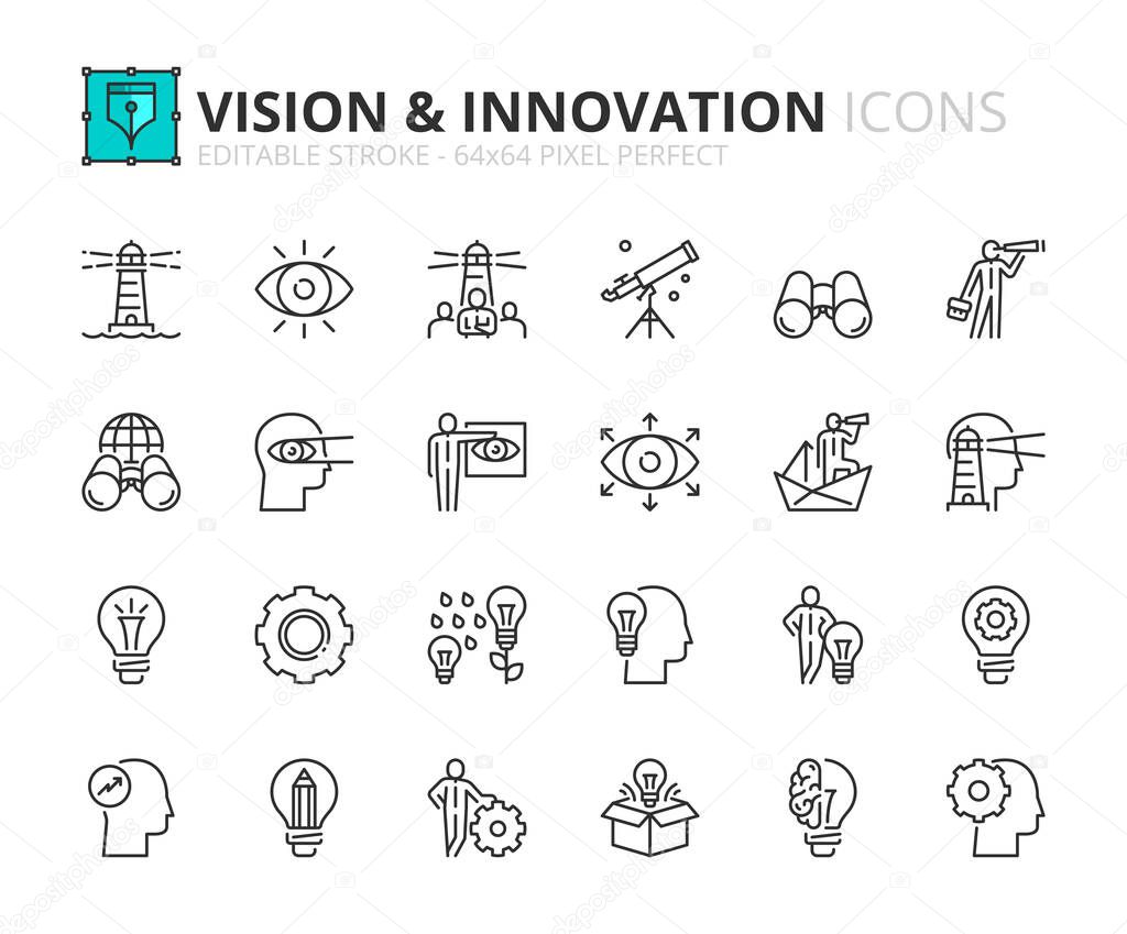 Outline icons about vision and innovation. Business concepts. Contains such icons as businessman with idea, creativity, development and global vision. Editable stroke Vector 64x64 pixel perfect