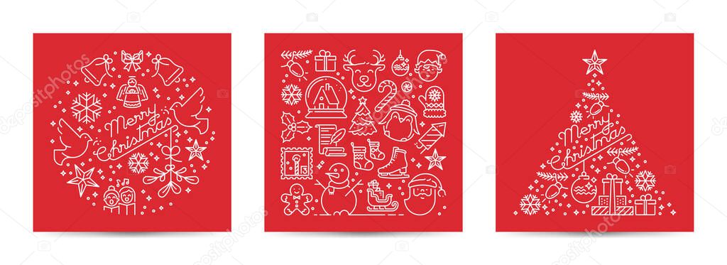 Red background about Christmas with white line icons. Christmas greeting cards