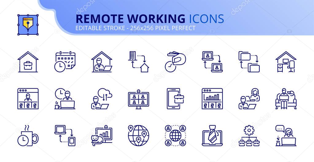 Outline icons about remote working. Business concepts. Contains such icons as work at home, outsourcing, freelance, video meeting and remote team. Editable stroke Vector 256x256 pixel perfect
