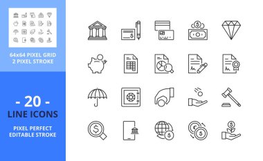 Finans hakkında satır simgeleri. Banka, para, kredi kartı, kumbara ve yatırım gibi ikonlar içeriyor. Düzenlenebilir felç. Vektör - 64 piksel mükemmel ızgara.