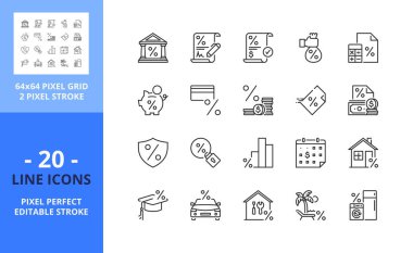 Borç hakkında satır simgeleri. Banka, ödeme günü, hesap makinesi, vergi kartı, nakit, faiz ve sigorta gibi ikonlar içeriyor. Düzenlenebilir felç. Vektör - 64 piksel mükemmel ızgara.
