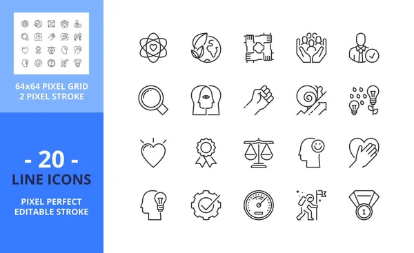 Iconos Línea Sobre Valores Centrales Contiene Iconos Como Responsabilidad Social — Archivo Imágenes Vectoriales