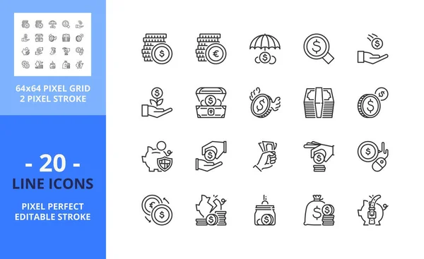 Ligne Icônes Sur Argent Contient Des Icônes Telles Que Pièce — Image vectorielle