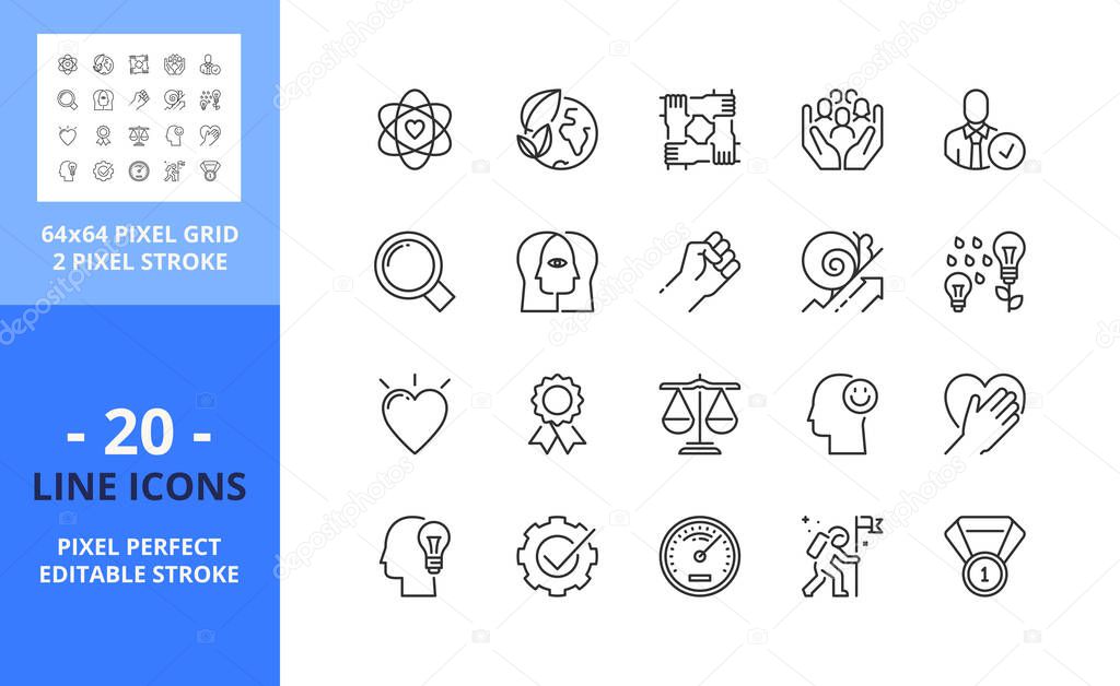 Line icons about core values. Contains such icons as social and evironment responsibility, transparency, empowerment and efficiency. Editable stroke. Vector - 64 pixel perfect grid.
