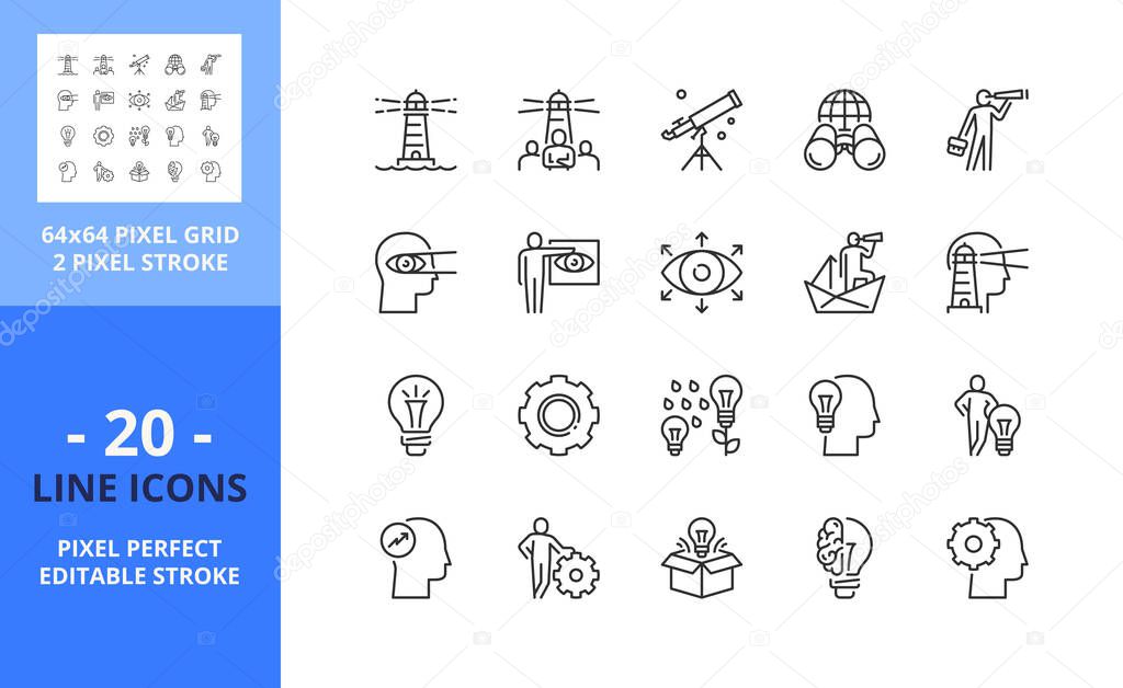 Line icons about vision and innovation. Contains such icons as businessman, idea, creativity, entrepreneurship, motivation and developing. Editable stroke. Vector - 64 pixel perfect grid.