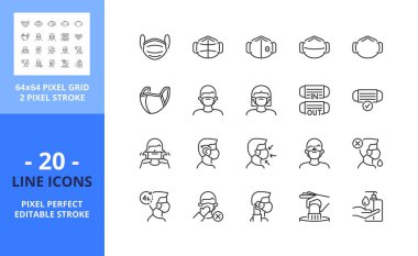 Line icons about wear a face mask. Health care. Contains such icons as 2019-nCoV prevention, surgical mask, N95 and sanitizer. Editable stroke. Vector - 64 pixel perfect grid. clipart