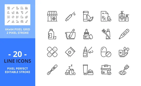 Icônes Ligne Sur Pharmacie Soins Santé Contient Des Icônes Telles — Image vectorielle