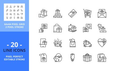 Line icons about gifts. Contains such icons as shopping, presents, box, greetings card, gift wrap and gift card. Editable stroke. Vector - 64 pixel perfect grid.