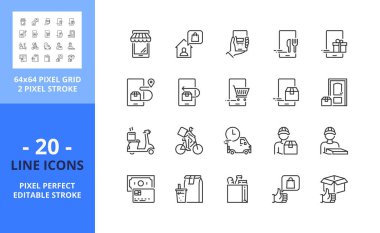 Line icons about shopping online. Contains such icons as delivery, shopping application, store, payment method, contactless, rider, order and fast food. Editable stroke. Vector - 64 pixel perfect grid