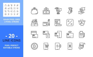 Line icons about payment methods. Contains such icons as invoice, credit card, cash, money, contactless, wireless, and touch payment. Editable stroke. Vector - 64 pixel perfect grid. clipart