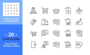 Line icons about gifts and shopping. Contains such icons as gift card, delivery, order, cancel checked, shipping basket and shopping cart. Editable stroke. Vector - 64 pixel perfect grid.