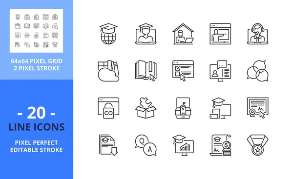 Line Icons Online Education Contains Icons Study Home Webinar Training — Stock Vector