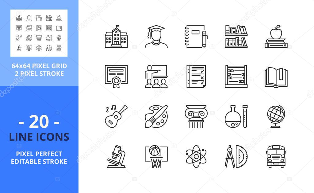 Line icons about school. Contains such icons as education, student, library, bus, subjects, textbook and notebook. Editable stroke. Vector - 64 pixel perfect grid