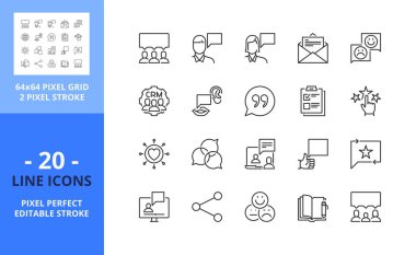 Line icons about customer testimonial. Contains such icons as marketing, feedback, review, crm, appreciation, rating and user. Editable stroke. Vector - 64 pixel perfect grid clipart