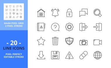 Satır simgeleri arayüz 1 'de. Ev, uygulama, çöp, favori, arama, alarm, giriş ve ayarlar gibi simgeleri içerir. Düzenlenebilir felç. Vektör - 64 piksel mükemmel ızgara