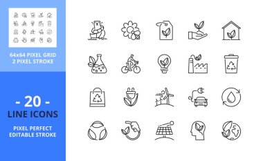 Ekoloji hakkında satır simgeleri. Sürdürülebilir kalkınma, yenilenebilir enerji, sıfır atık, geri dönüşüm, küresel ısınma gibi ikonlar içerir. Düzenlenebilir felç. Vektör - 64 piksel mükemmel ızgara