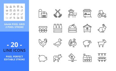 Çiftçilikle ilgili çizgi simgeleri. Yerel ürünler, sera, organik gıda tarım ve çiftlik hayvanları gibi ikonlar içerir. Düzenlenebilir felç. Vektör - 64 piksel mükemmel ızgara