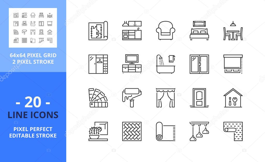 Line icons about home decoration. Contains such icons as interior desing, furniture, improvement, renovation and architecture. Editable stroke. Vector - 64 pixel perfect grid