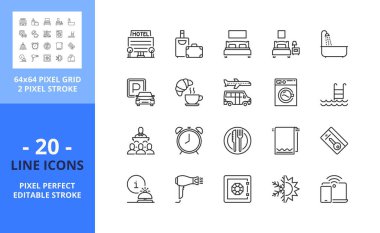 Otel hakkında satır simgeleri. Havalimanı transferi, bavul, yatak odası, park yeri, kahvaltı, restoran ve resepsiyon servisi gibi ikonlar içerir. Düzenlenebilir felç. Vektör - 64 piksel mükemmel ızgara