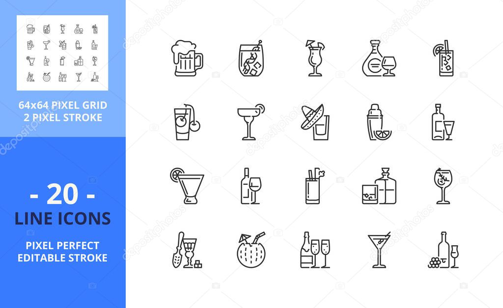 Line icons about alcoholic beverages. Contains such icons as beer, wine, cocktail, whiskey, gin tonic and champagne. Editable stroke. Vector - 64 pixel perfect grid