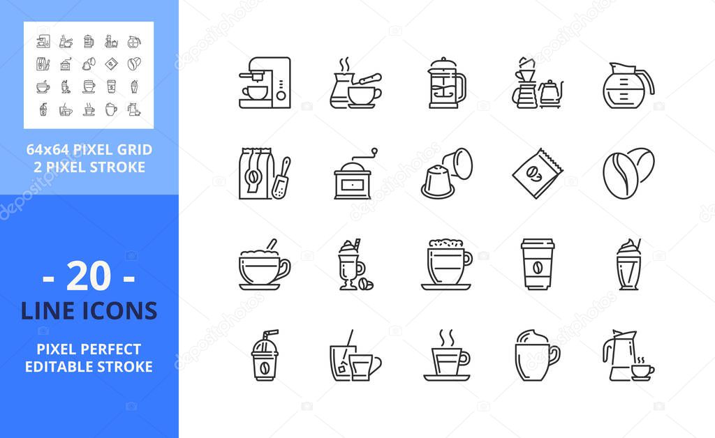Line icons about coffee. Contains such icons as milk, ristretto, take away, espresso, chocolate, instant coffee, pot, and grinder. Editable stroke. Vector - 64 pixel perfect grid